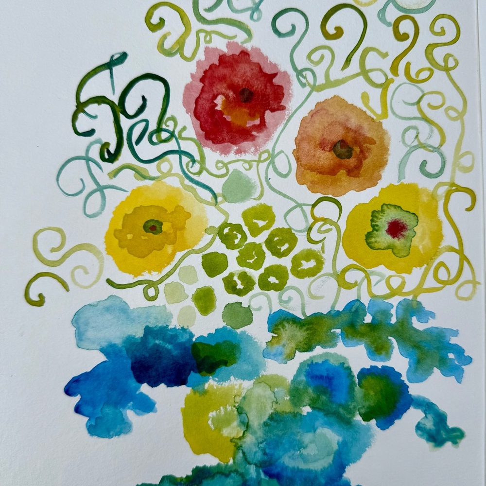 Abstract Floral Watercolor Painting in Yellow, Blue, Green, and Red